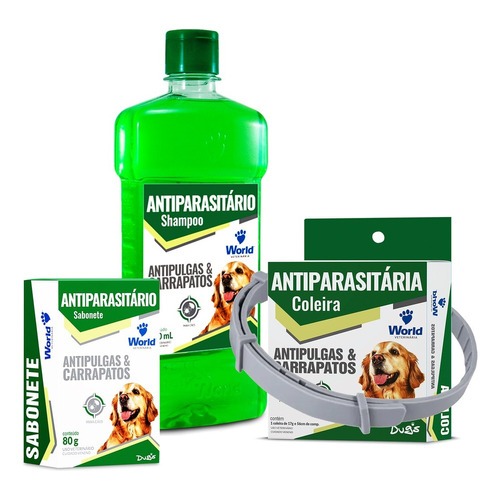 Kit Anti Pulgas e Carrapatos Shampoo Coleira Sabonete Cães - World Dug's