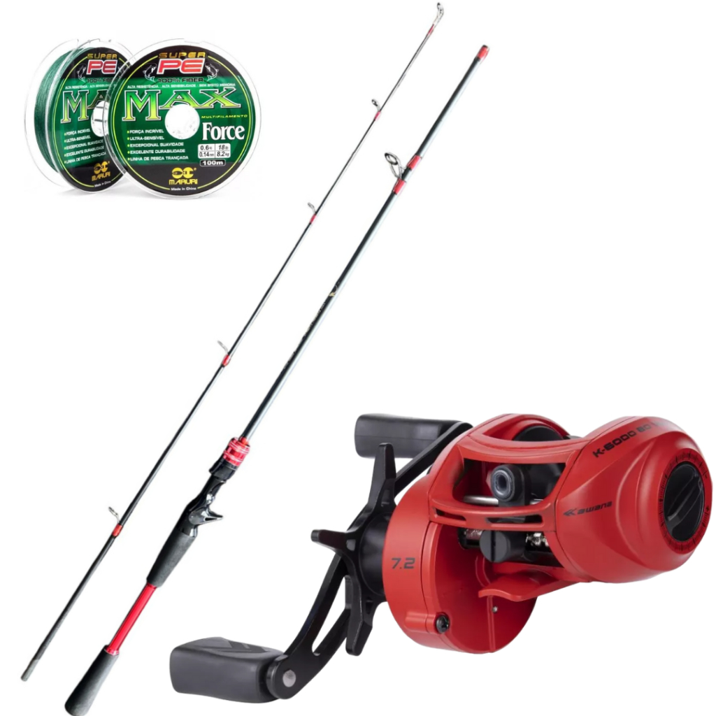 Kit Pesca Carretilha Kawana K6000 Vhd Anticabeleira + Vara Fibra de carbono 8-15 LBS 1,80m + Linha Multifilamento