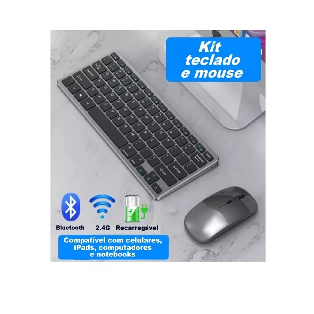 Kit Teclado e Mouse Sem fio Bluetooth Conexão 2.4ghz Recarregável HK8860