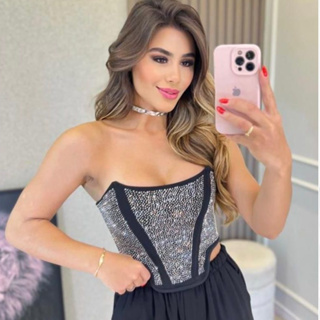 Blusa Top Cropped Corselet Tomara que Caia Strass Barbatana