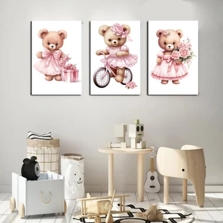 Quadros para decoração de quarto infantil - Ursa de vestido flores ursinha na bicicleta- kit 3 placas MDF 20x30cm