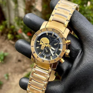 Relógio Justiceiro Masculino Prateado e Dourado Banhado á Ouro 18K Aço Inoxidável