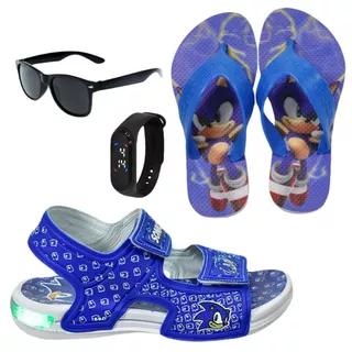 Sandália Papete De Led Infantil Masculina Personagem Confortável + Chinelo + Óculos + Relógio