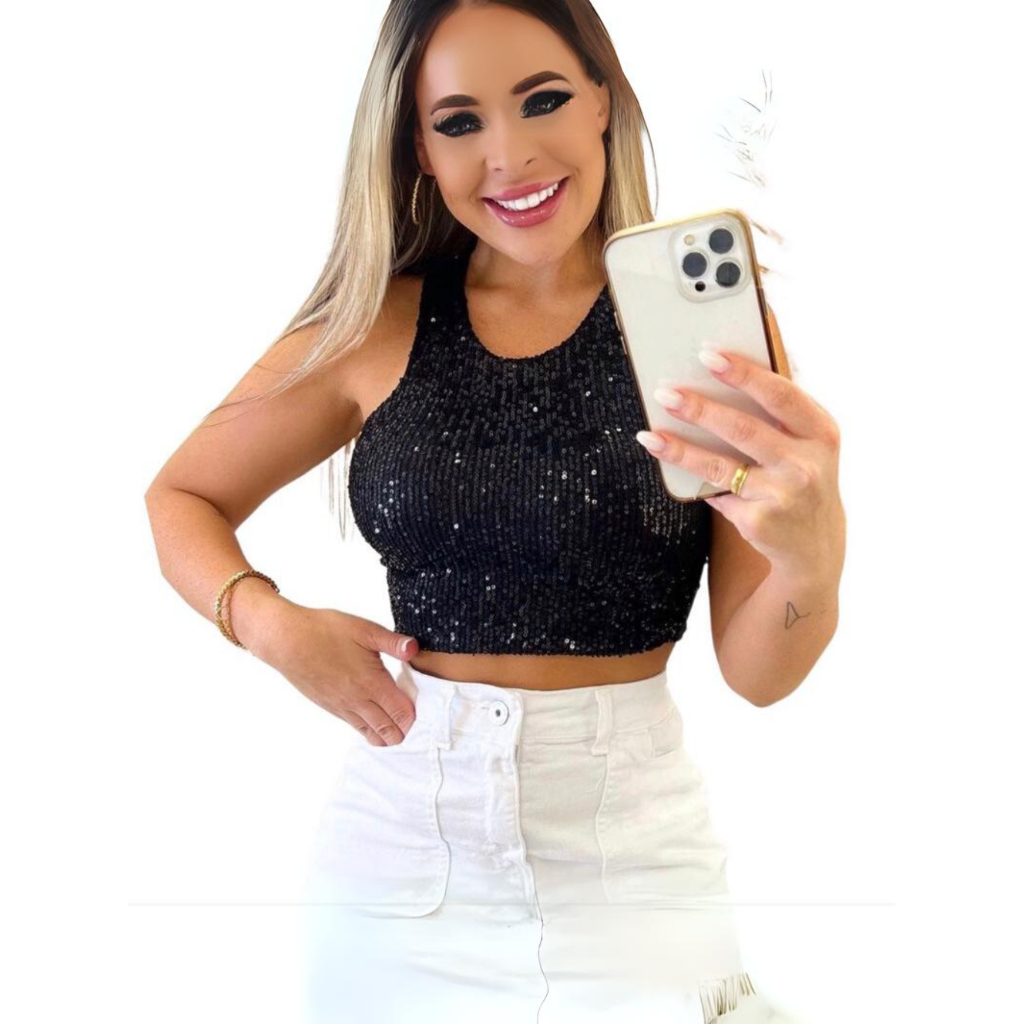 cropped feminino blusa com brilho paete lantejoulas brilhante com bojo ...