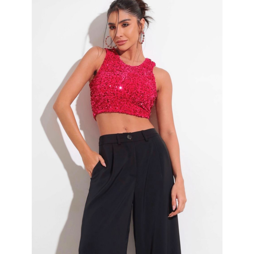 cropped feminino blusa com brilho paete lantejoulas brilhante com bojo ...