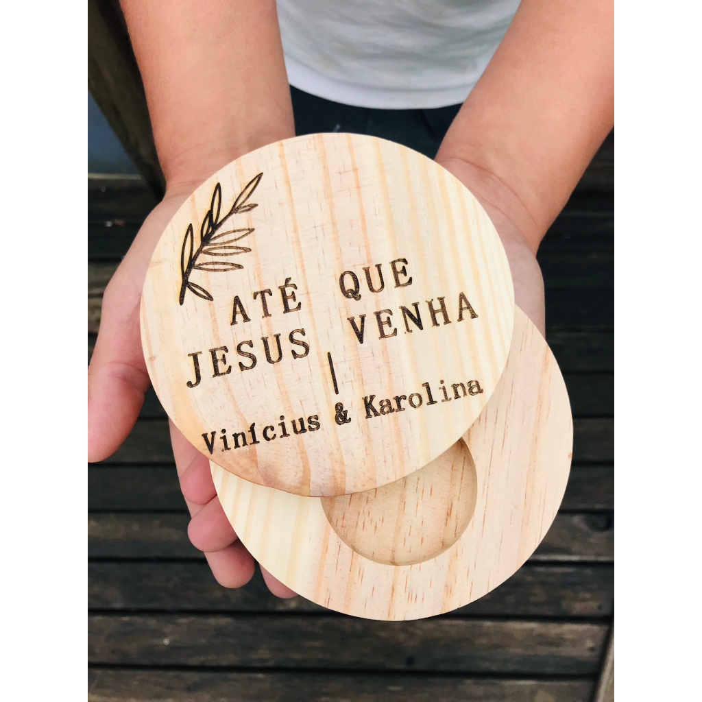 Porta alianças madeira redondo com tampa 13cm - Personalizado conforme artes do anúncio