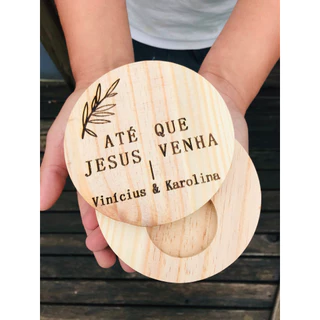Porta alianças madeira redondo com tampa 13cm - Personalizado conforme artes do anúncio