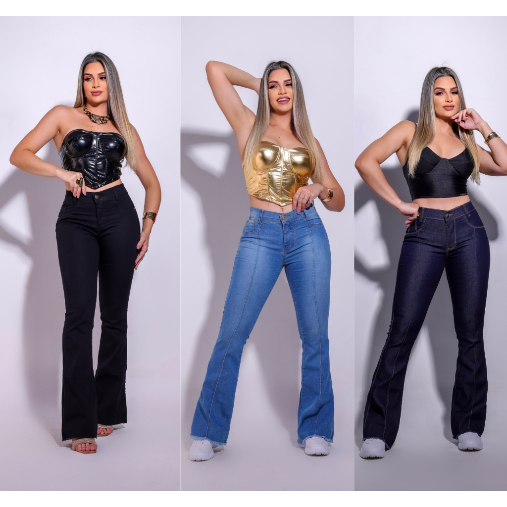 Calça Jeans Feminina Flare Cós Alto Levanta Bumbum Hot Pants Lycra