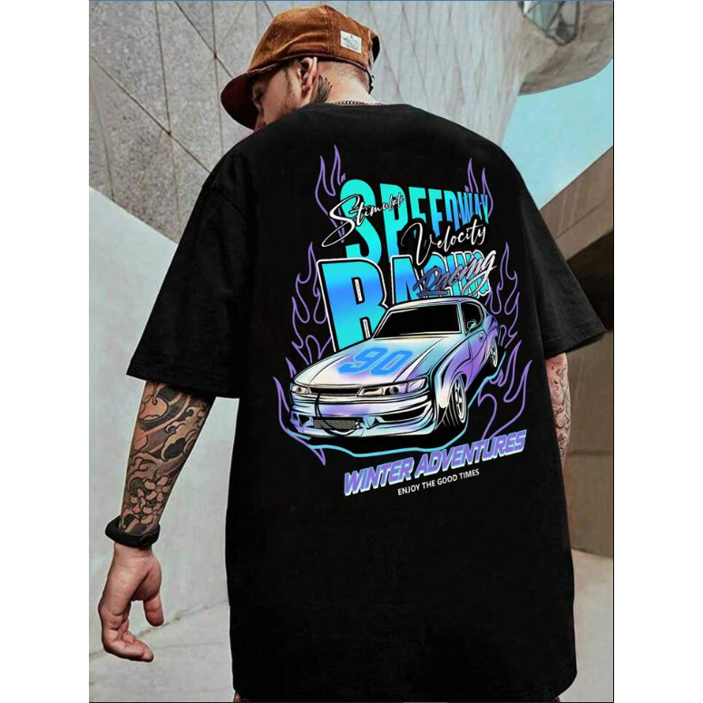 Camiseta Streetwear Estampa Carro De Corrida Escrita Com Fogo