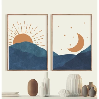 Quadro decorativo 2 peças 40x60 boho sol e lua atras do monte decoração para casa sala quarto hall