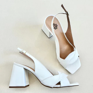 Calcado Feminino Branco Confortavel Sandalia Bico Quadrado Salto Alto Grosso Moda Sapato Mulher