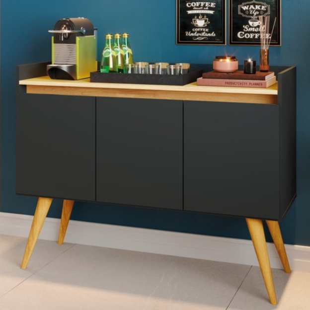 Aparador Buffet Sala Gold 3 Portas com Pés de Madeira Maciça - Moveis Primus