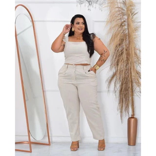 Conjunto Calça Cropped Plus Size em Linho.