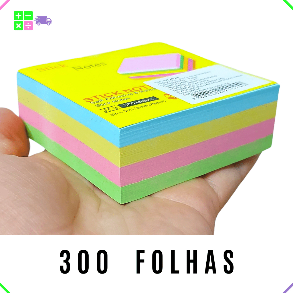Bloco Adesivo Papel Lembrete Com 300 Folhas 76mm X 76mm Colorido Bloquinho Anotações | Escola | Escritório