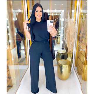 Conjunto feminino calça e blusa regata - pantalona soltinho com bolso