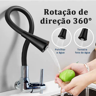 Torneira Gourmet Flexível Cozinha Preto Parede/METAL Inox Cozinha gourmet Chuveirinho Duplo Jato Cone 1/2 de Volta