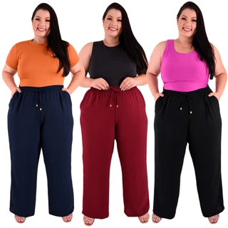 Calça Pantalona Plus SIze Feminina Cintura Alta Dunas Tendencia