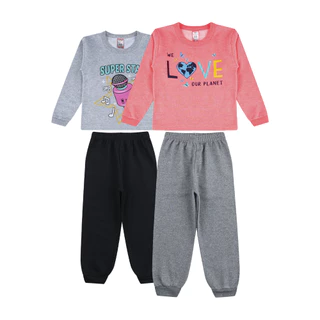KIT 2 Conjuntos de Moletom Com Capuz e Sem Capuz para Meninas Roupa de Inverno/Frio para Crianças Baby