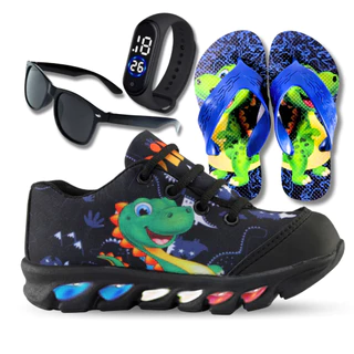 Tênis Infantil Masculino Dino Dinossauro Mais Chinelo com Oculos e Relógio