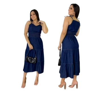 vestido de alcinha jeans com lastex na cintura e alça regulável m g GG extrag