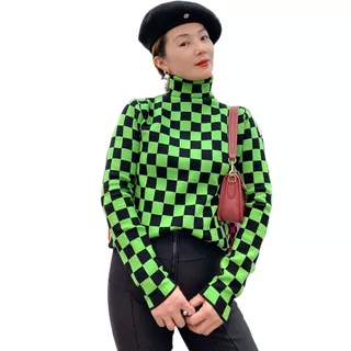 Blusa Sueter Feminino De Gola Alta Quadriculado Houndstooth Manga Longa