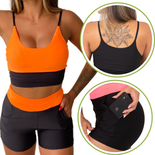 Conjunto Fitness Cintura Alta Feminino Short Bolso e Top Com bojo