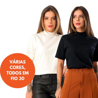 T-Shirt Gola Alta em Ribana Blusa 100% algodão Fio 30