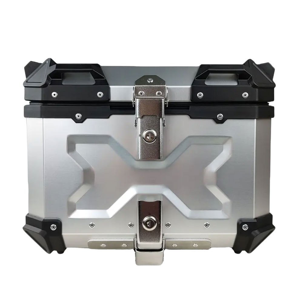 BAU DE MOTO TRASEIRO 55 LITROS UNIVERSAL ALUMINIO ANTI-ROUBO PRATA