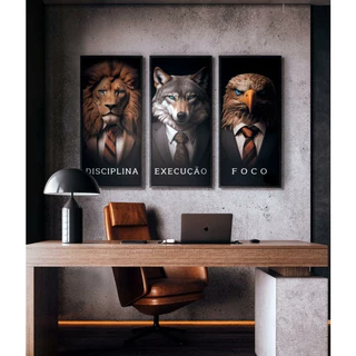 Quadros Decorativos Disciplina Execução Foco Leão 3 peças