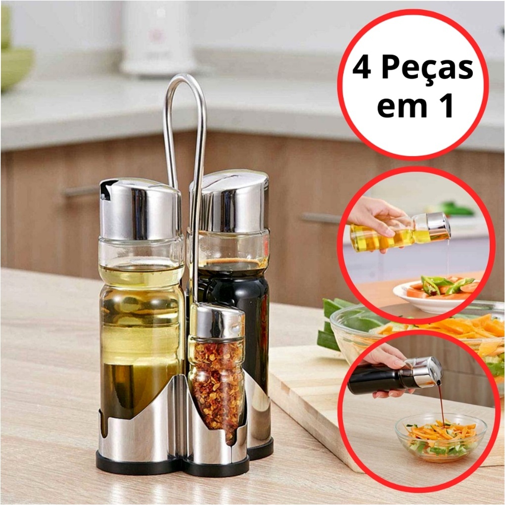 Kit Galheteiro De Vidro 4 Peças Sal Pimenta Porta Azeite Vinagre ...