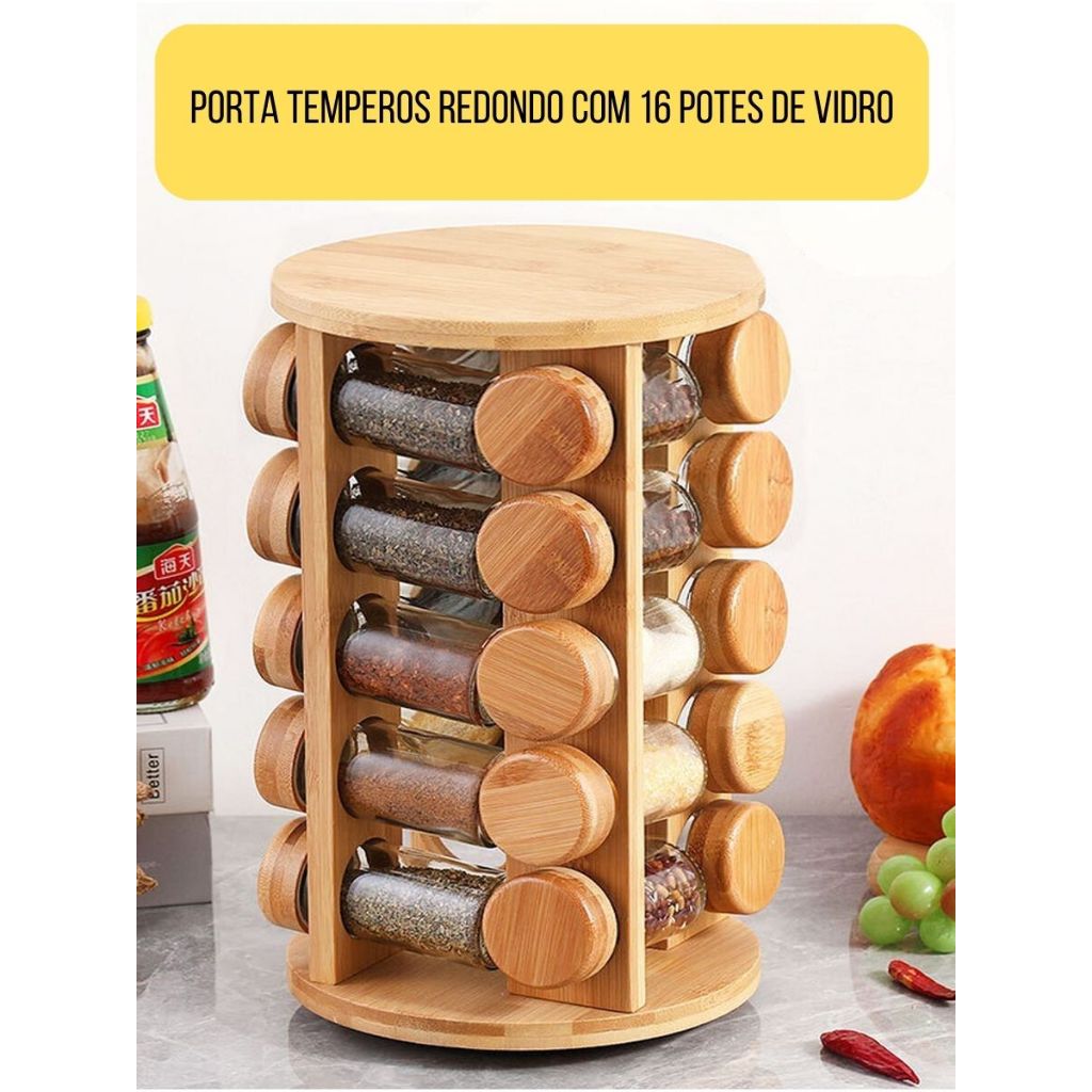 Porta Temperos Bambu Giratório Redondo com 16 Potes de Vidro com Tampa ...