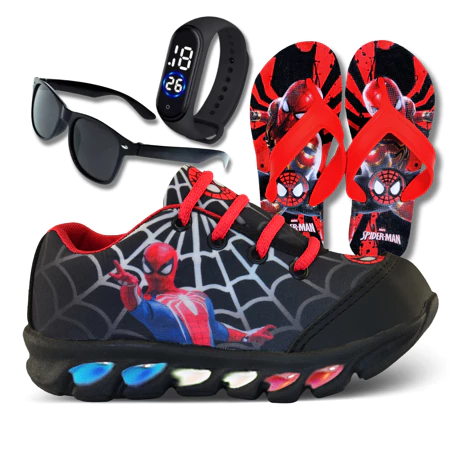 Tênis de led infantil masculino Homem Aranha com chinelo + relógio e óculos