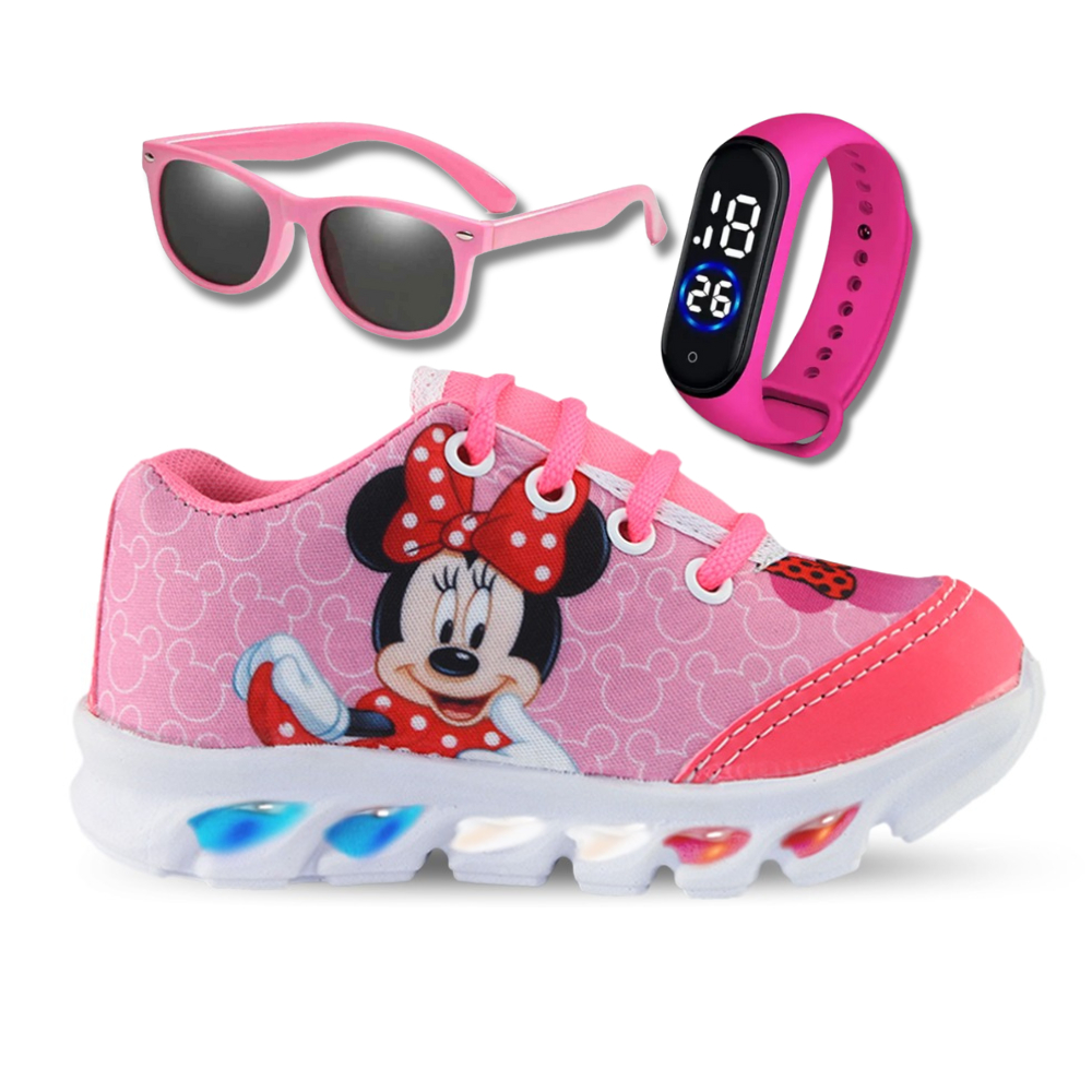 Tenis de LED infantil Minnie Rosa feminino mais relogio e oculos