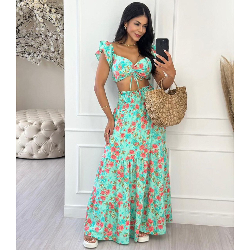 Conjunto Longo Feminino 2 Peças Saia Longa com aqstico Alto e Blusa ...