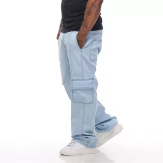 Calças Cargo Masculina Jeans Larga Bolso Lateral Streetwear Skatista