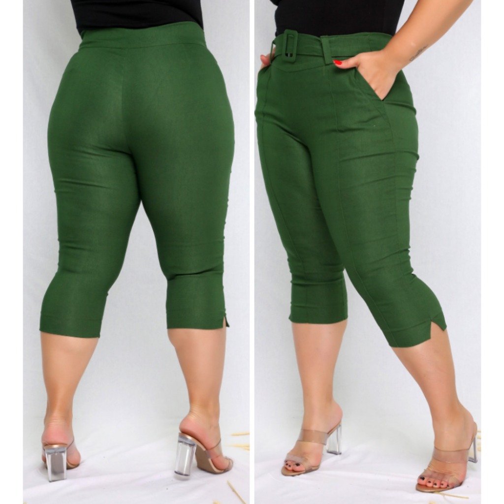 Calça Capri Plus Size Bengaline Feminina Social Com Cinto