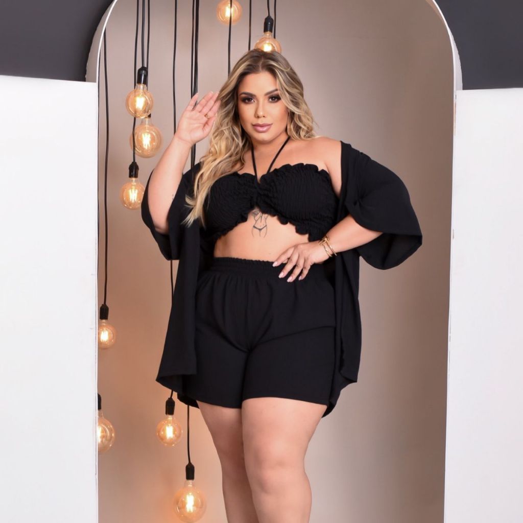 Trijunto Kimono plus size feminino short com elástico e cropped