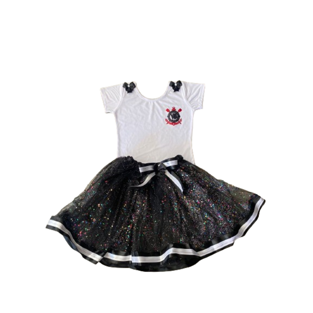 Conjunto para Meninas do Corinthians com Lacinhos e Acompanha Saia de Tule com Glitter Envio Rápido