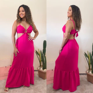 Vestido Frente Unica Longo Feminino Com Bojo Babado Amarração nas Costas Tecido Duna