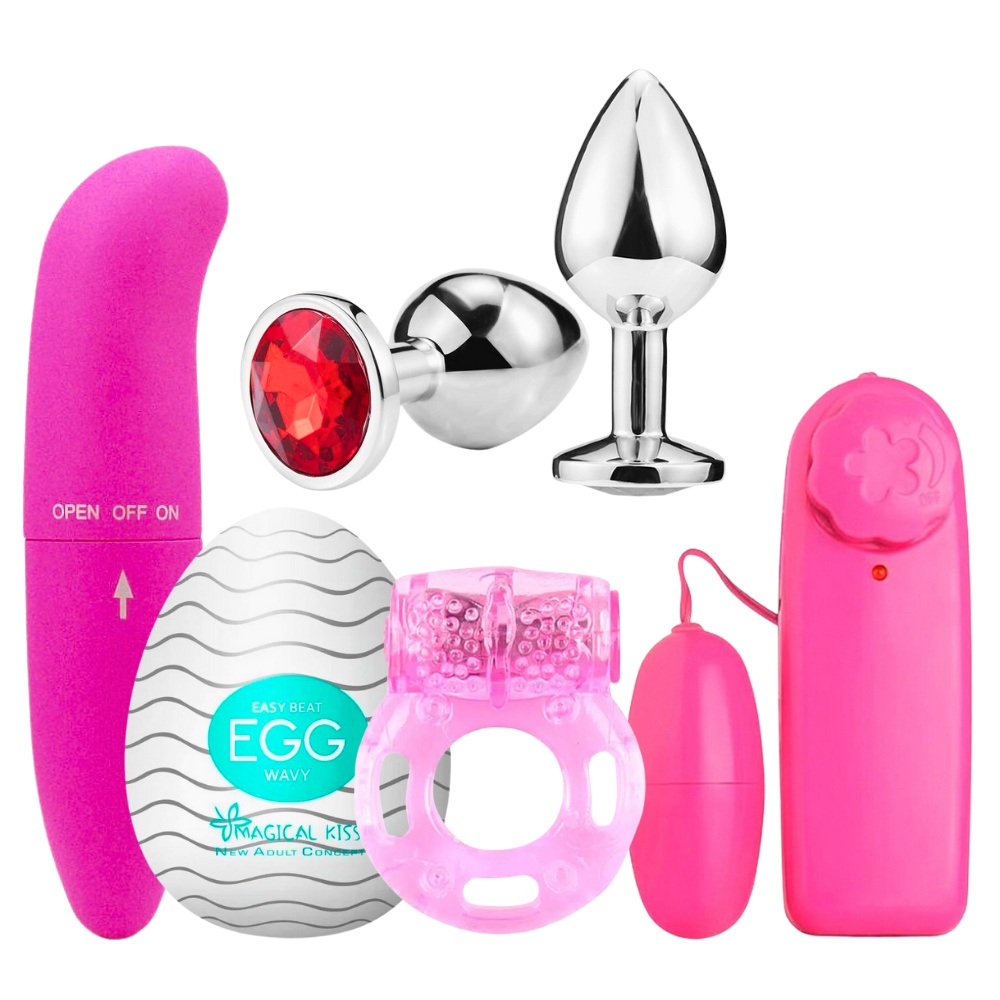 Kit Sex Shop Com Vibrador, Plug Anal, Masturbador Masculino, Anel Peniano Com 05 Itens