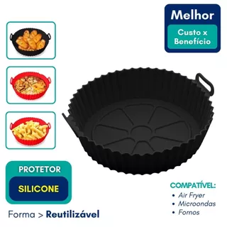 Forma Silicone Air Fryer Redonda Reutilizável 20cm Protetor Microondas Assadeira Antiaderente Forno Preto Kit Com Alças