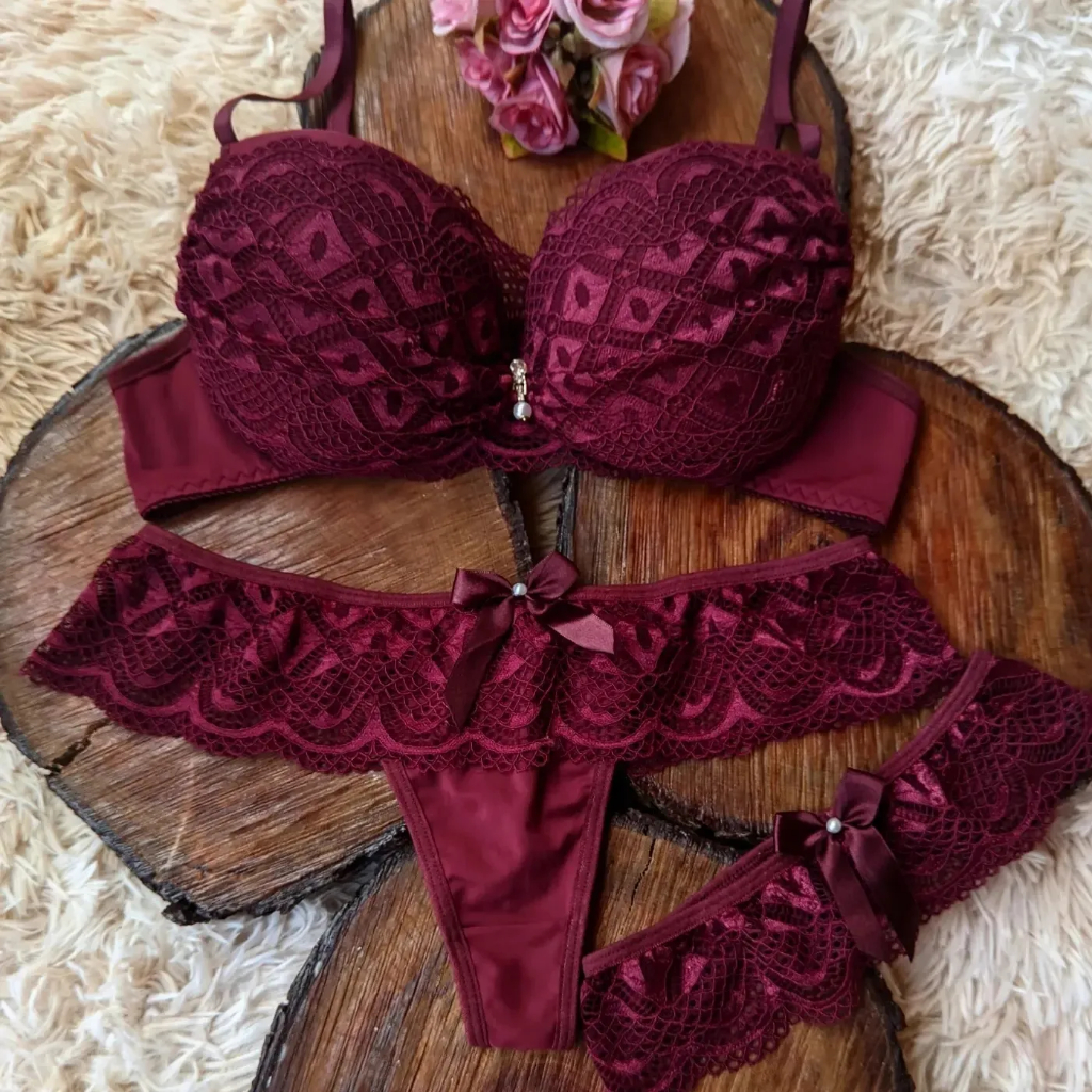 Trio Lingerie de Luxo Calcinha Sutiã Perneira Langerie Sensual Perneira calcinha Fio Dental Soutien com Bojo