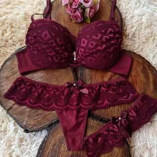 Trio Lingerie de Luxo Calcinha Sutiã Perneira Langerie Sensual Perneira calcinha Fio Dental Soutien com Bojo