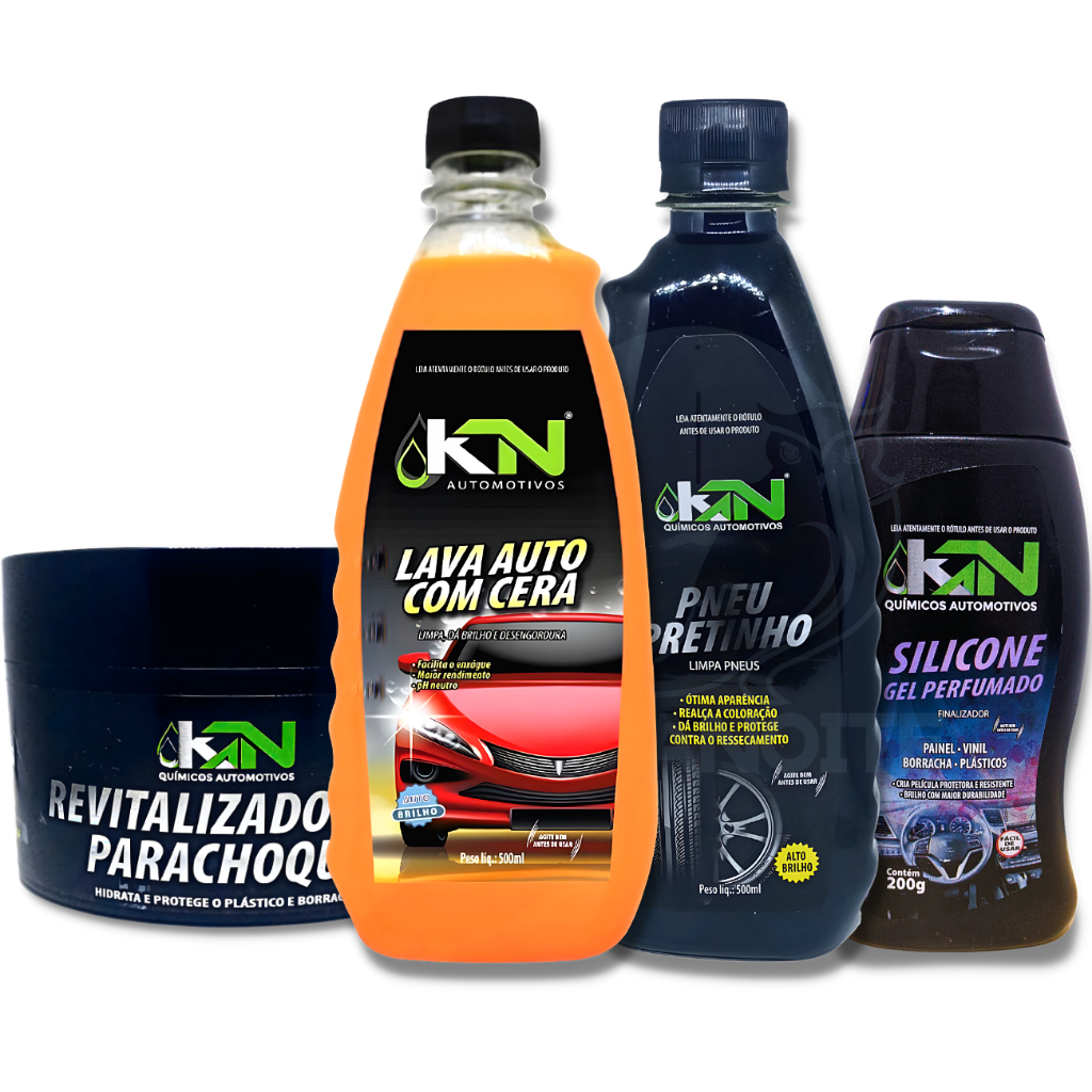 Kit Limpeza Automotiva Revitalizador de Plásticos Shampoo Lava Auto Pneu Pretinho Silicone Gel