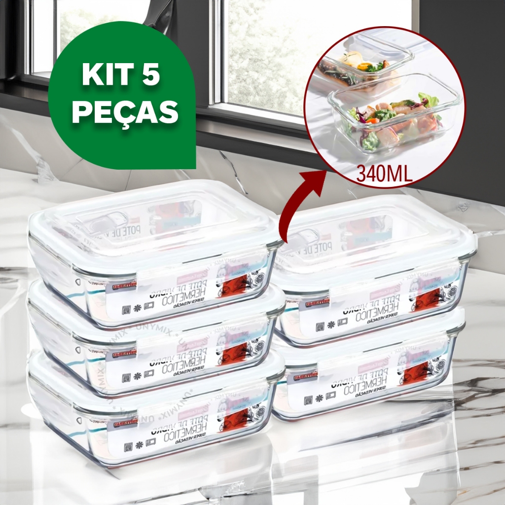 Kit 5 Potes Vidro Hermético Mantimentos Marmita 370ml Premium