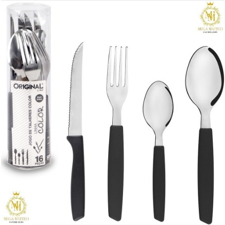 Kit De Talheres / Faqueiro De Inox Com 16 Pçs Cabo Plastico Preto Color ...