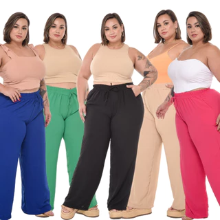 Calça Pantalona Plus Size Feminina Com Bolso Elástico Na Cintura Tecido Duna Cintura Alta