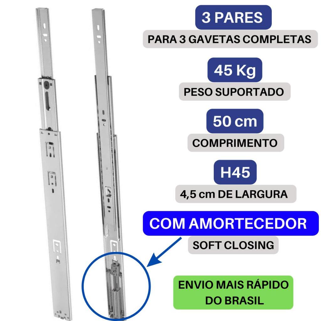 3 Pares Corrediça Telescópica Amortecedor Trilho Gaveta Reforçado 50cm 500mm 45kg H45 Soft Closing