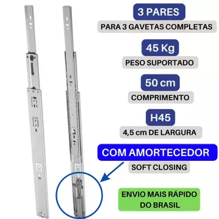 3 Pares Corrediça Telescópica Amortecedor Trilho Gaveta Reforçado 50cm 500mm 45kg H45 Soft Closing