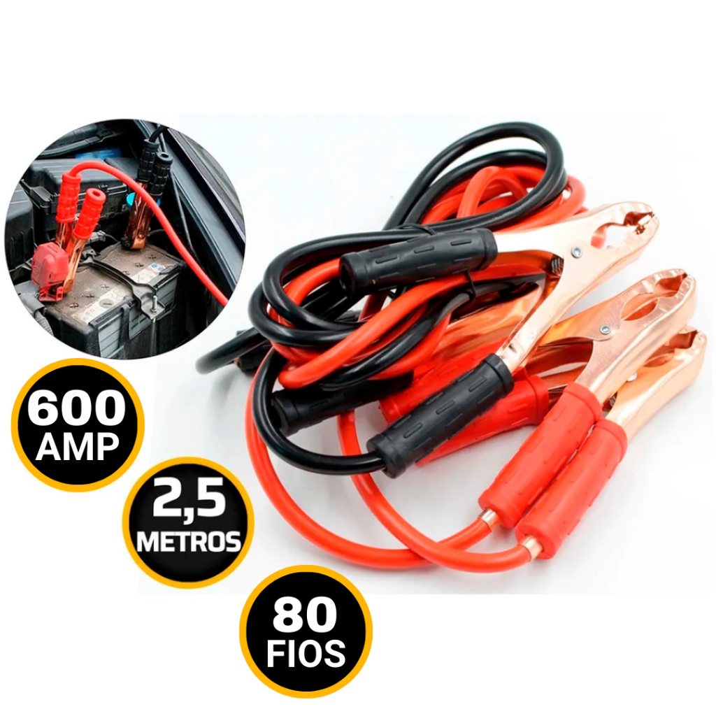 Cabo Auxiliar De Partida Para carregar Bateria de carro 600 amp. 80 ...